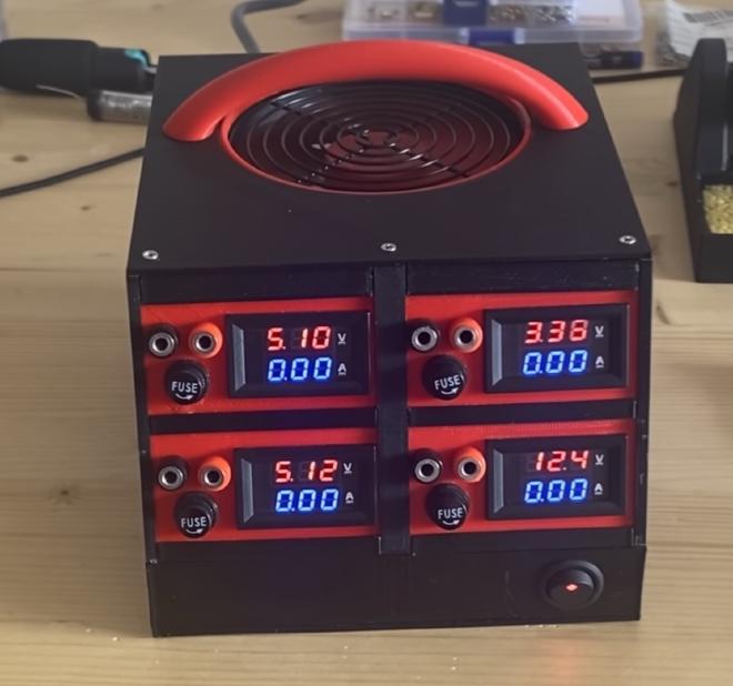 Lab PSU, showing four outputs: two of 5 volt, 12 volt and 3.3 volts