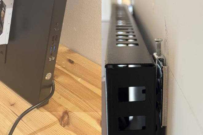 Composite of two photographs. On the right, the hardware for hanging headboards displaying a screw used for levelling. On the left, a close up of the bottom of the right side showing from the bottom: power button, two jack connectors, two USB3 ports, 2 USB2 ports and a USB-C port
